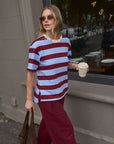 CERES LIFE | STEVIE SLOUCHY TEE - BURGUNDY / SKY BLUE STRIPE