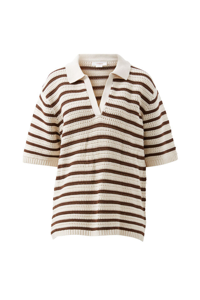 CERES LIFE | MOLLY TEXTURED STRIPE SHORT SLEEVE KNIT TUNIC - CHOC STRIPE