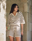 CERES LIFE | MOLLY TEXTURED STRIPE SHORT SLEEVE KNIT TUNIC - CHOC STRIPE