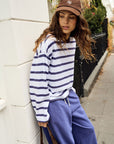 CERES LIFE | BEAU LONG SLEEVE SLOUCHY TEE - WHITE/POLO CHOC STRIPE