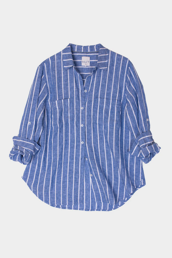 HUT | THE BOYFRIEND LINEN SHIRT - MARINE STRIPE