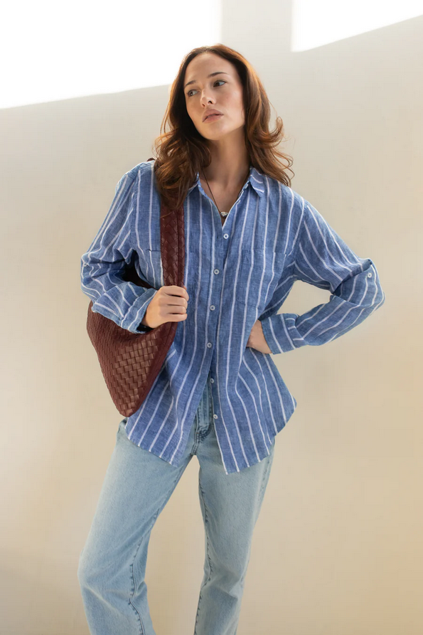 HUT | THE BOYFRIEND LINEN SHIRT - MARINE STRIPE