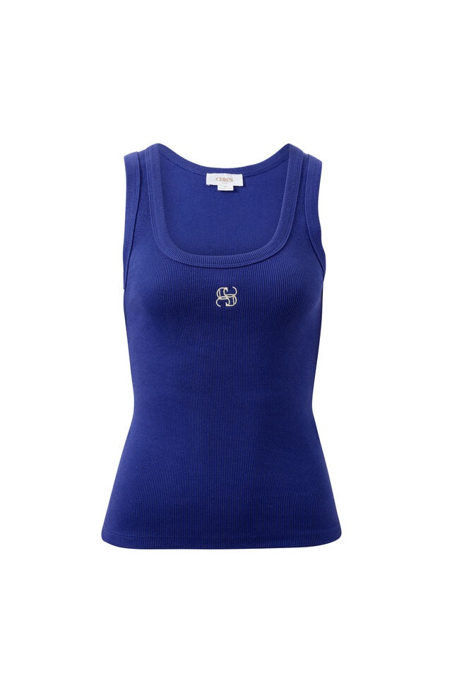 CERES LIFE | ZOE CONTOUR RIB SCOOP TANK - POLO BLUE / BUTTER
