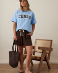 CERES LIFE | STEVIE SLOUCHY TEE - BLUE / CHOCOLATE VARSITY