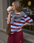 CERES LIFE | STEVIE SLOUCHY TEE - BURGUNDY / SKY BLUE STRIPE