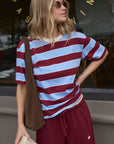 CERES LIFE | STEVIE SLOUCHY TEE - BURGUNDY / SKY BLUE STRIPE