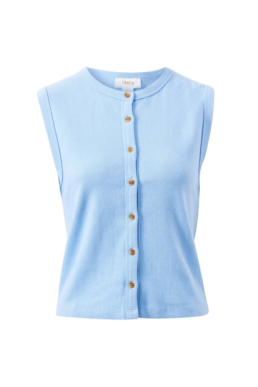CERES LIFE | LYLA BUTTON THROUGH RIB TANK - SKY BLUE