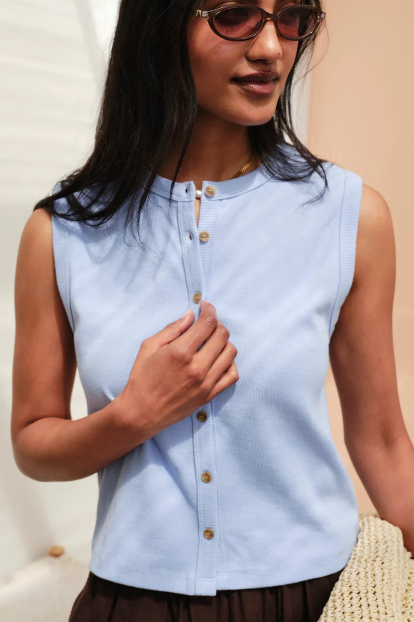 CERES LIFE | LYLA BUTTON THROUGH RIB TANK - SKY BLUE