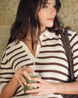 CERES LIFE | MOLLY TEXTURED STRIPE SHORT SLEEVE KNIT TUNIC - CHOC STRIPE