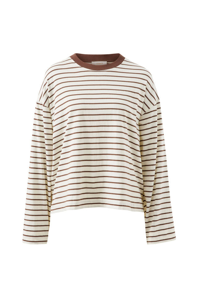 CERES LIFE | BEAU LONG SLEEVE SLOUCHY TEE - MILK/BROWN STRIPE