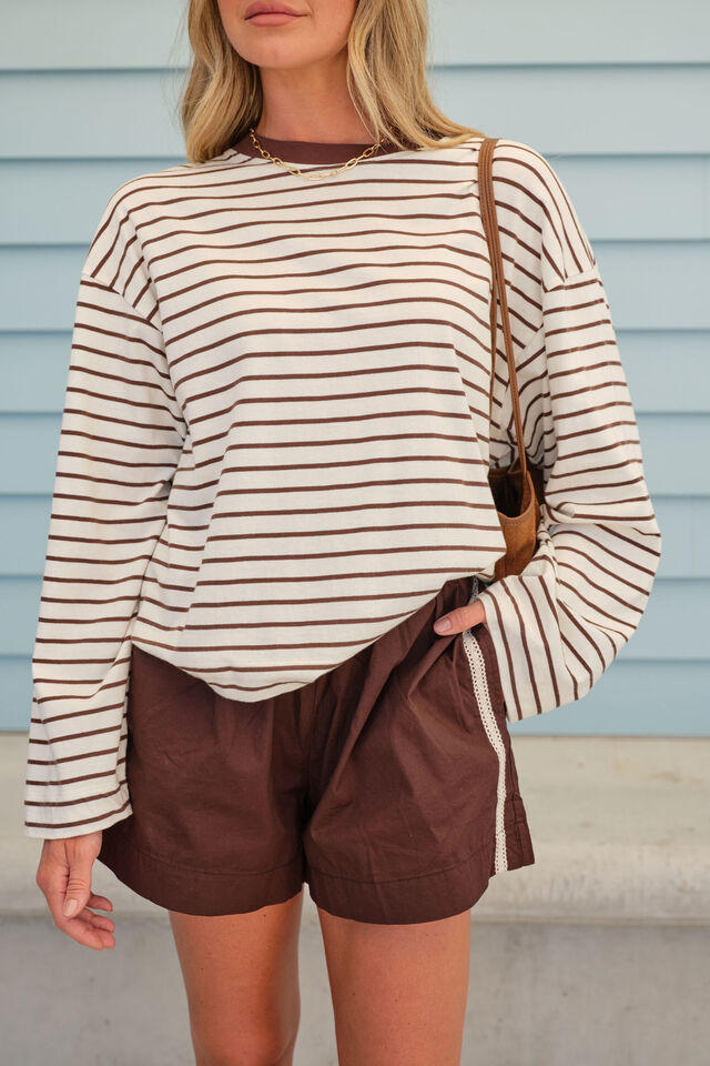 CERES LIFE | BEAU LONG SLEEVE SLOUCHY TEE - MILK/BROWN STRIPE