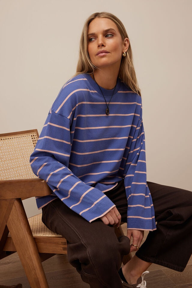 CERES LIFE | BEAU LONG SLEEVE SLOUCHY TEE - NAVY / PINK CLAY