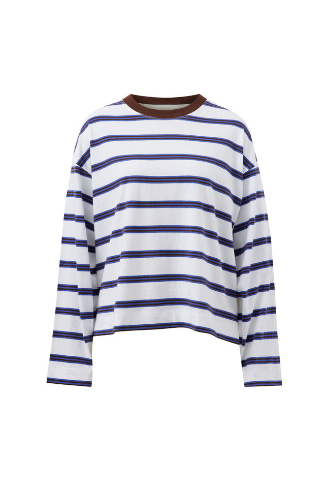 CERES LIFE | BEAU LONG SLEEVE SLOUCHY TEE - WHITE/POLO CHOC STRIPE