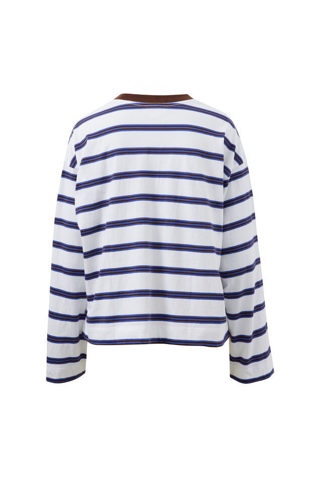 CERES LIFE | BEAU LONG SLEEVE SLOUCHY TEE - WHITE/POLO CHOC STRIPE