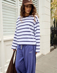 CERES LIFE | BEAU LONG SLEEVE SLOUCHY TEE - WHITE/POLO CHOC STRIPE