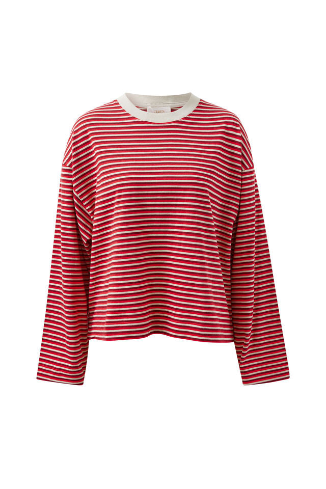 CERES LIFE | BEAU LONG SLEEVE SLOUCHY TEE - MULBERRY/RED/STONE STRIPE