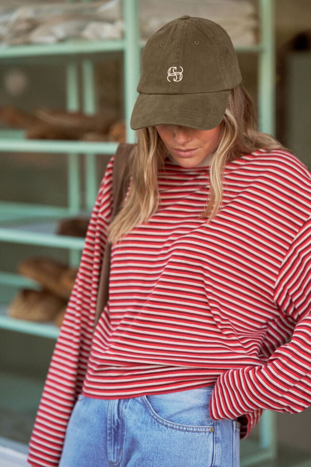 CERES LIFE | BEAU LONG SLEEVE SLOUCHY TEE - MULBERRY/RED/STONE STRIPE