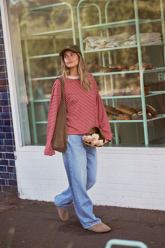 CERES LIFE | BEAU LONG SLEEVE SLOUCHY TEE - MULBERRY/RED/STONE STRIPE
