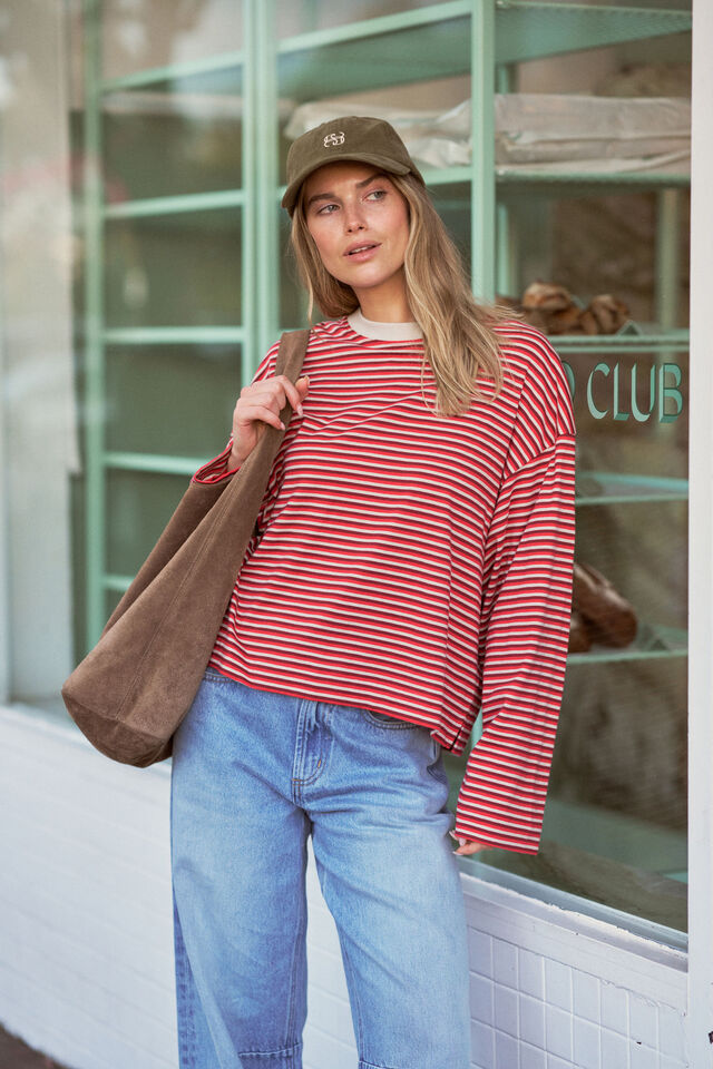CERES LIFE | BEAU LONG SLEEVE SLOUCHY TEE - MULBERRY/RED/STONE STRIPE