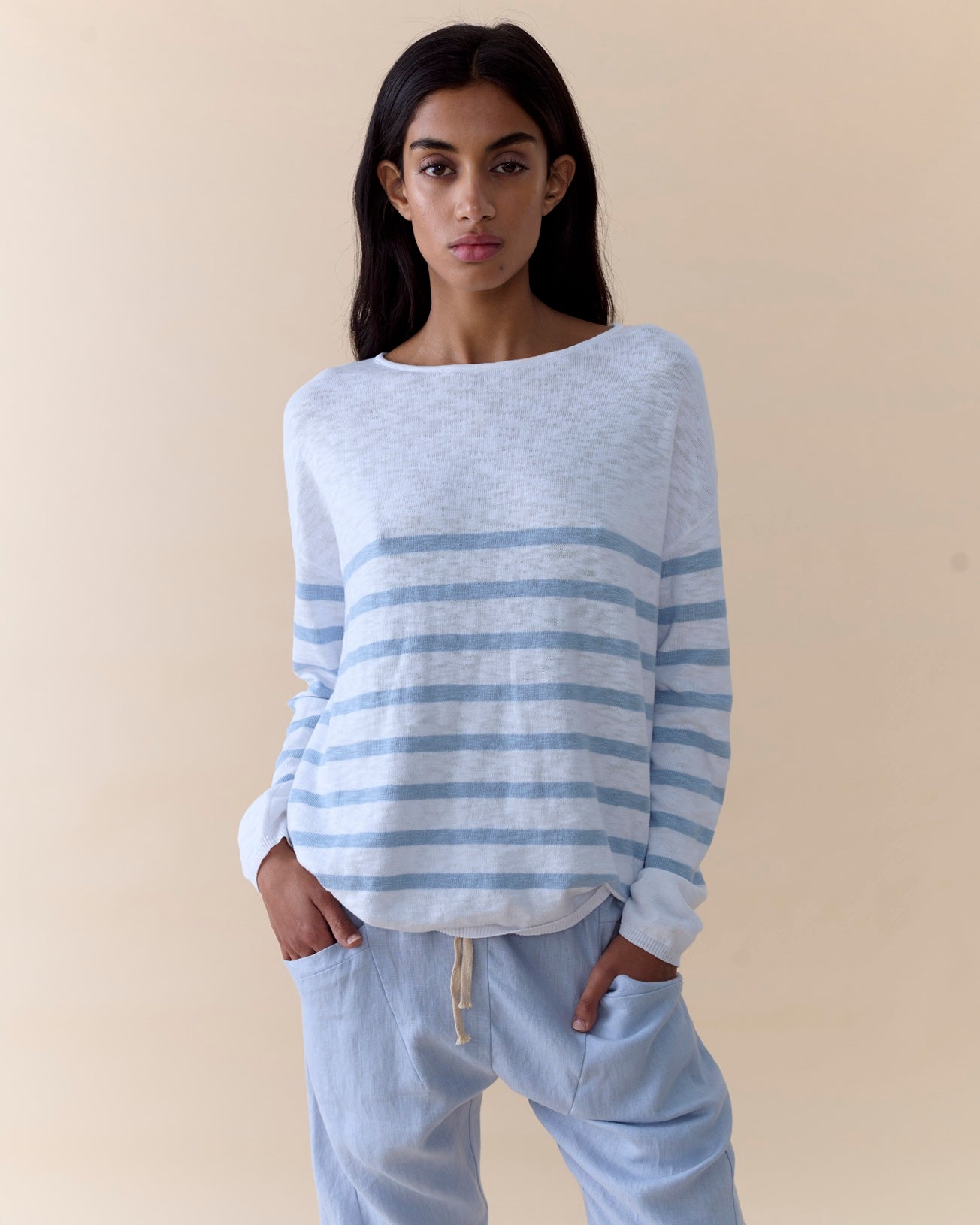 LITTLE LIES | BOBBIE TOP - SOFT BLUE / WHITE STRIPE