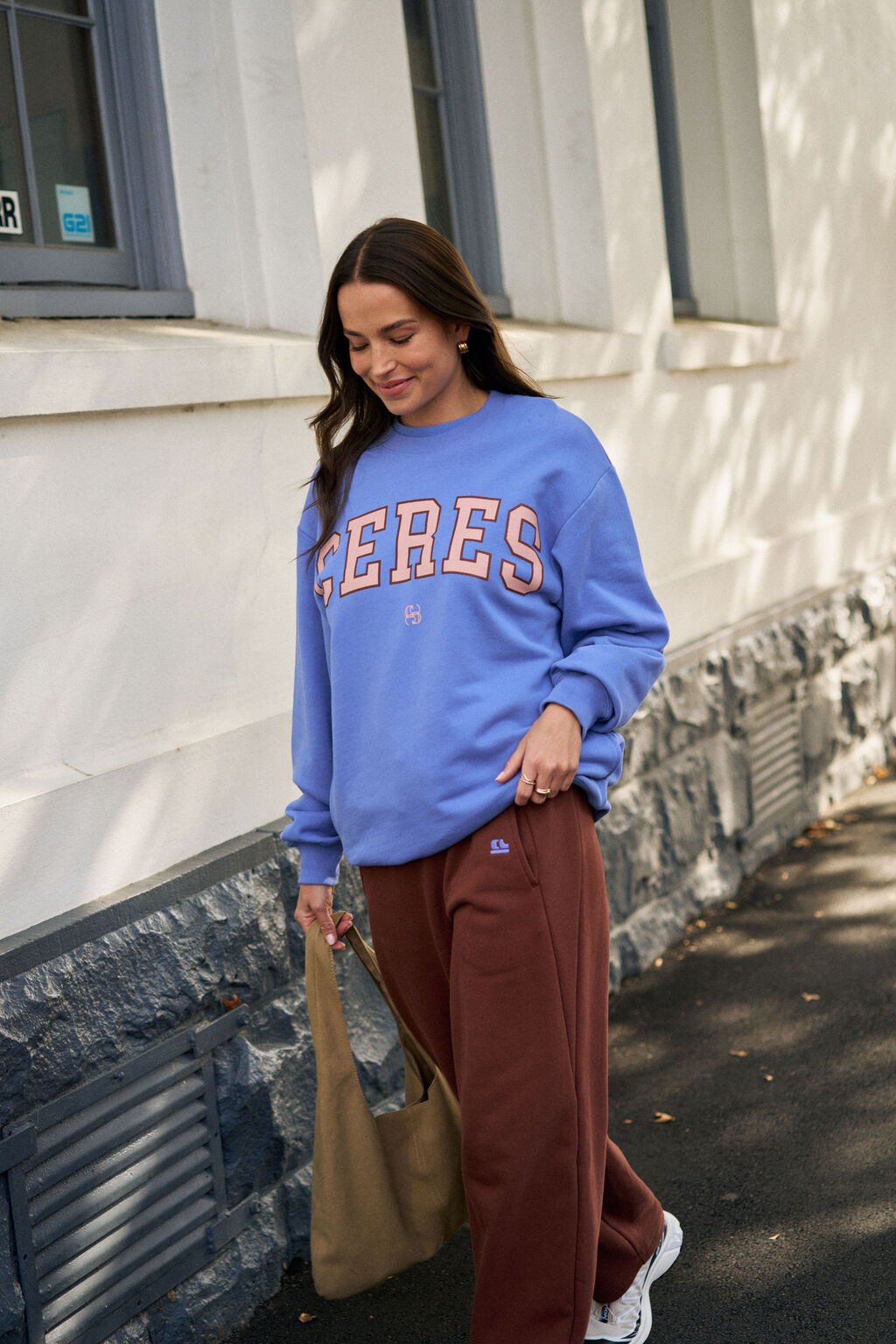 CERES LIFE | ISLA OVERSIZED SLOUCY CREW - VINTAGE BLUE / PINK CLAY