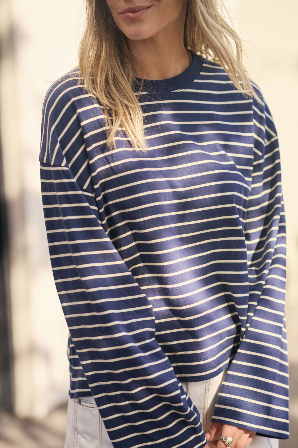 CERES LIFE | BEAU LONG SLEEVE SLOUCHY TEE - NAVY / MARSHMALLOW STRIPE