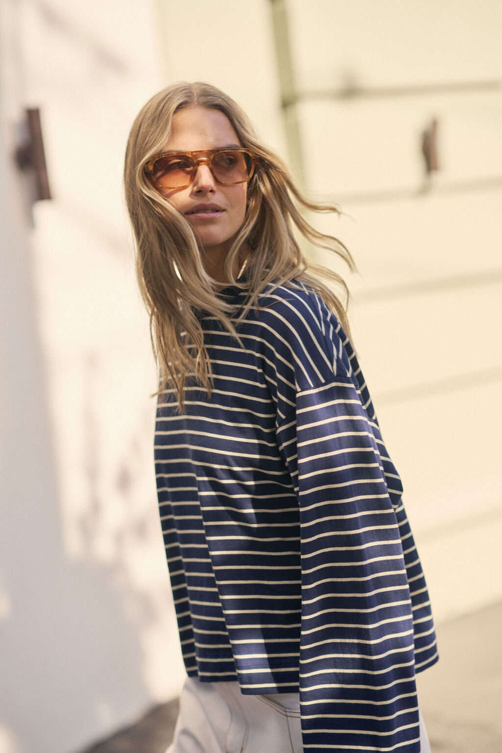 CERES LIFE | BEAU LONG SLEEVE SLOUCHY TEE - NAVY / MARSHMALLOW STRIPE