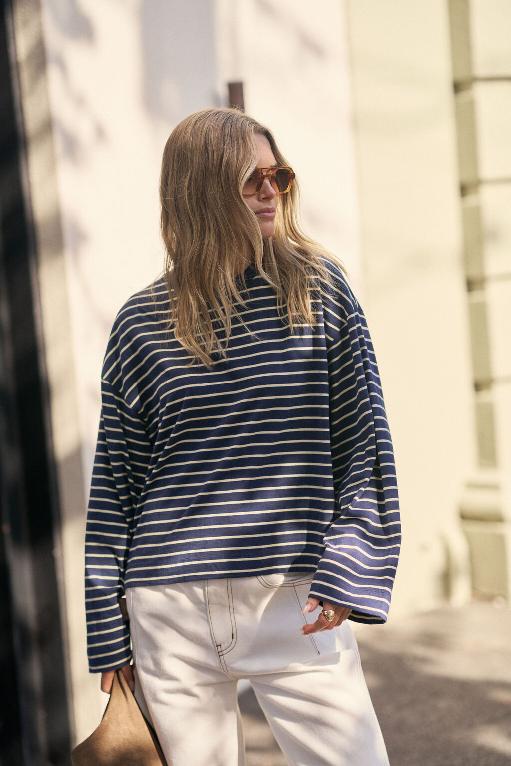 CERES LIFE | BEAU LONG SLEEVE SLOUCHY TEE - NAVY / MARSHMALLOW STRIPE